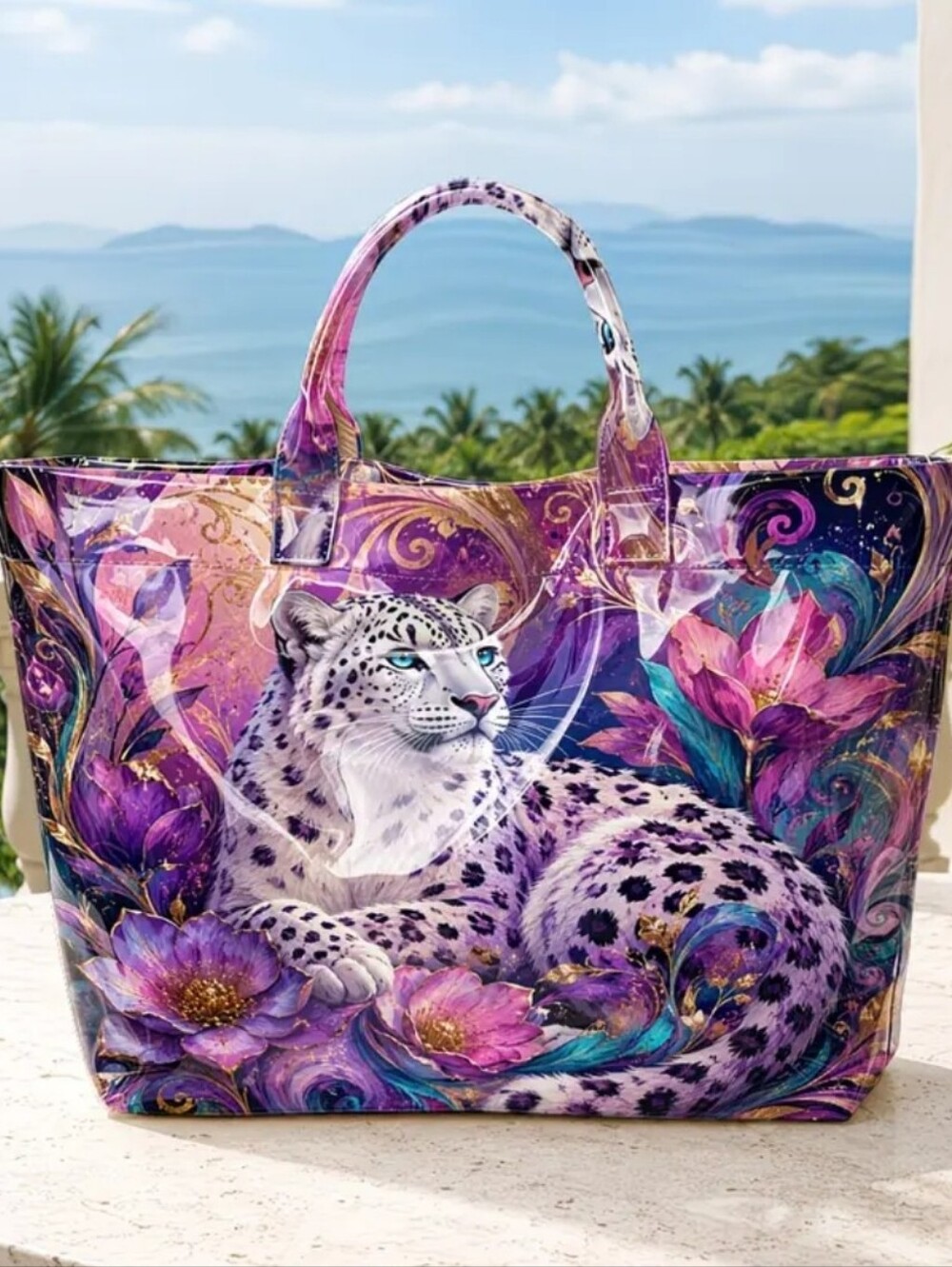 Women Beautiful Snow Leopard PVC Tote Daily Commute Hand Bag Large - Picture 4 of 9